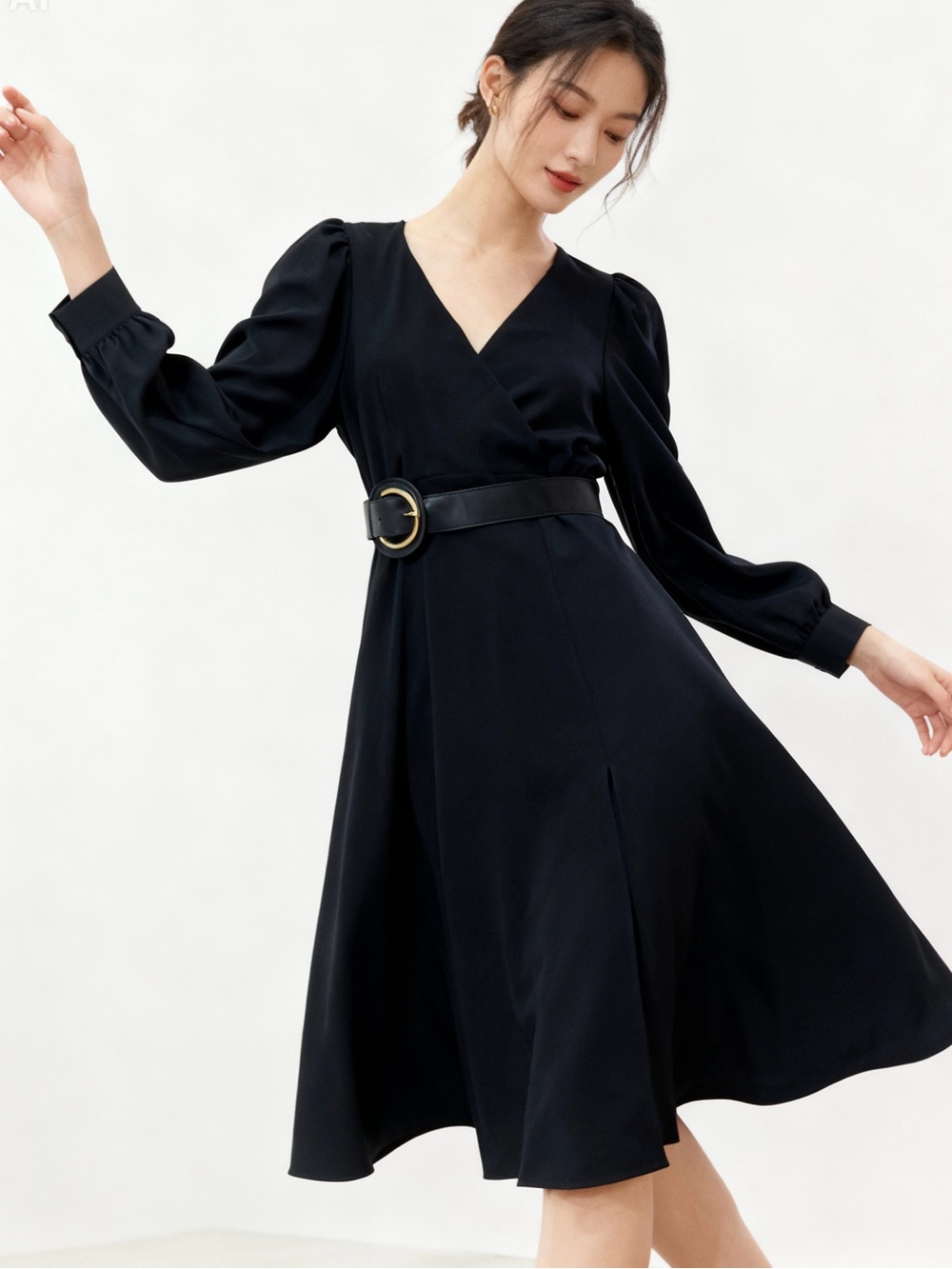 Zara Black V-Neck Long Sleeve Midi Dress with Gold Buckle Belt